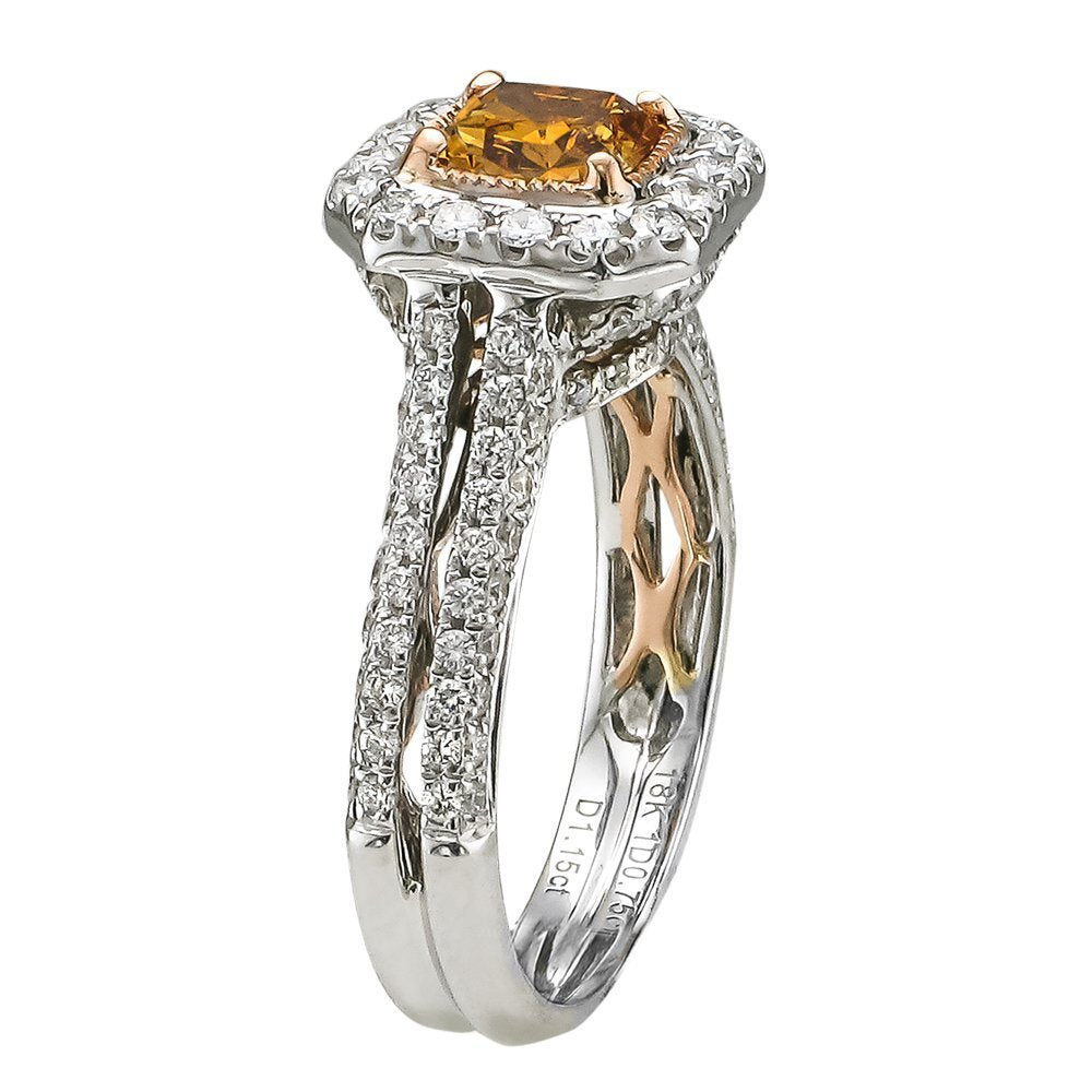 JULEVE 18KT TWO-TONE GOLD 1.90 CTW FANCY COLORED DIAMOND HALO RING 4,4.5,5,5.5,6,6.5,7,7.5,8,8.5,9