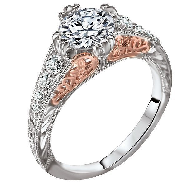 18KT 1/5 CTW Diamond Engraved Milgrain Vintage Setting for 1 CT Round 4 / Rose and White,4 / White,4.5 / Rose and White,4.5 / White,5 / Rose and White,5 / White,5.5 / Rose and White,5.5 / White,6 / Rose and White,6 / White,6.5 / Rose and White,6.5 / White,7 / Rose and White,7 / White,7.5 / Rose and White,7.5 / White,8 / Rose and White,8 / White,8.5 / Rose and White,8.5 / White,9 / Rose and White,9 / White
