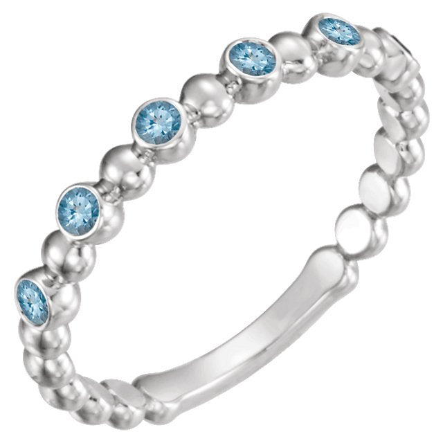 14KT GOLD 0.12 CTW AQUAMARINE 3 STONE BEADED STACKABLE RING 4 / White,4.5 / White,5 / White,5.5 / White,6 / White,6.5 / White,7 / White,7.5 / White,8 / White,8.5 / White,9 / White