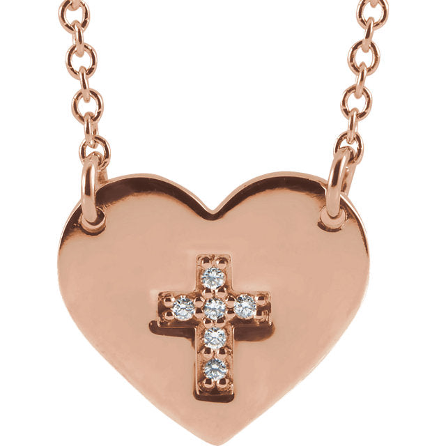 Diamond Heart With Cross Necklace 14KT Gold / Rose,14KT Gold / White,14KT Gold / Yellow,Sterling Silver / Silver