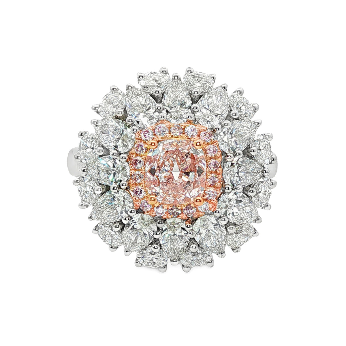 Juleve Platinum & 18kt Rose Gold 1.01 Light Pink Cushion Cut Diamond with 1.66 Diamond Snowflake Ring