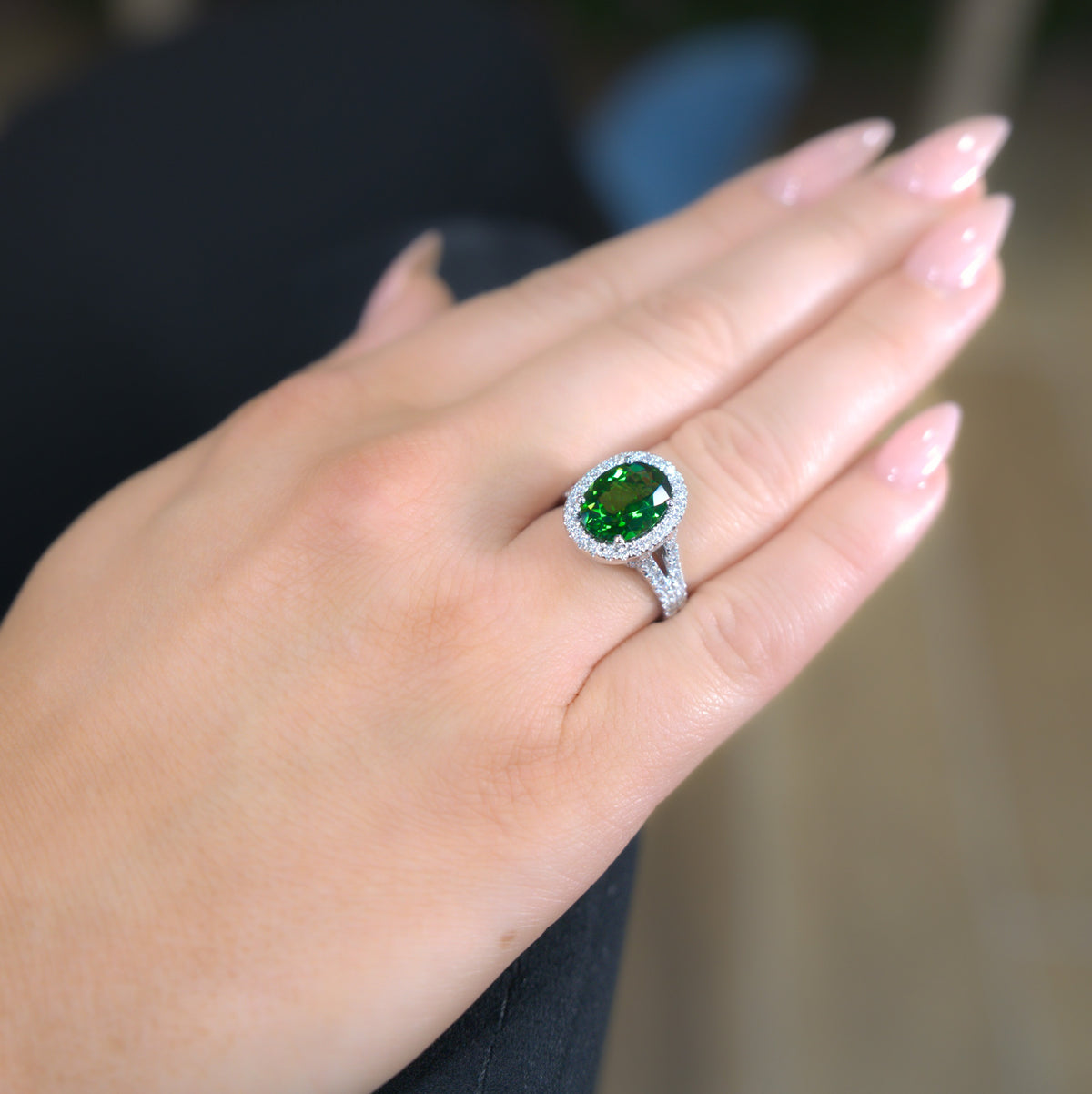 JULEVE 18KT WHITE GOLD 3.08 CT TOURMALINE & 0.74 CTW DIAMOND HALO RING 5.5,6,6.5,7,7.5