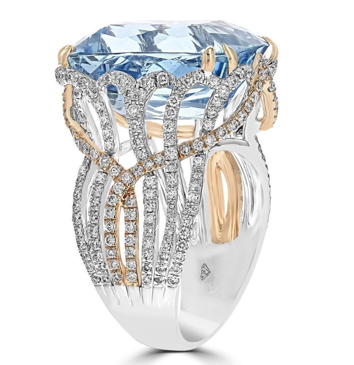 JULEVE 18KT TWO-TONE 14.76 CT AQUAMARINE & 2.10CT DIAMOND RING 5,5.5,6,6.5,7,7.5,8,8.5,9