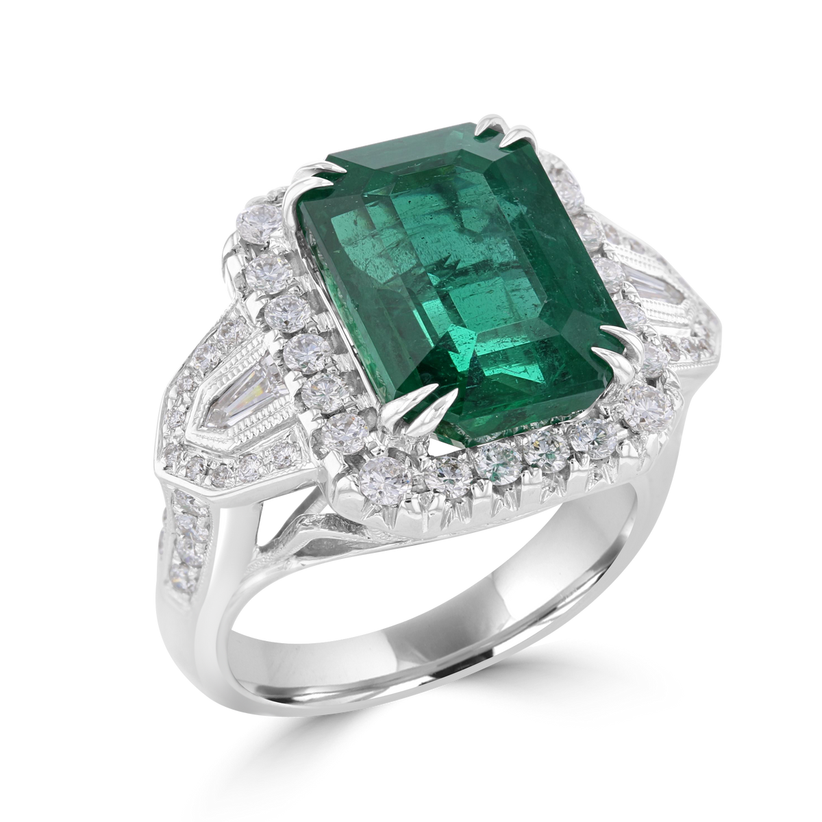 JULEVE 18KT WHITE GOLD 8.14CT EMERALD & 1.20CTW DIAMOND HALO RING