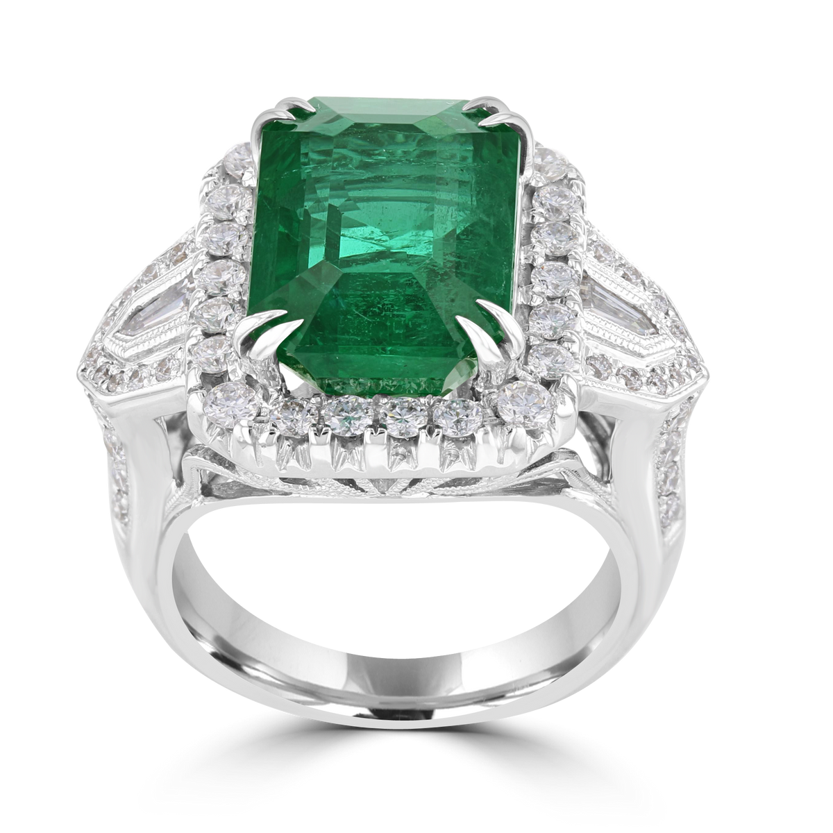 JULEVE 18KT WHITE GOLD 8.14CT EMERALD & 1.20CTW DIAMOND HALO RING