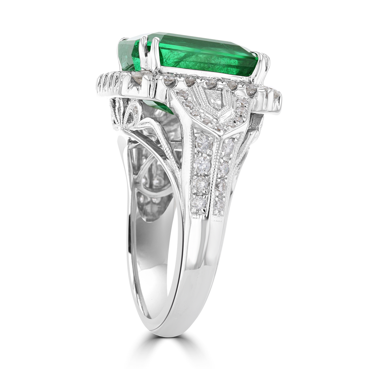 JULEVE 18KT WHITE GOLD 8.14CT EMERALD & 1.20CTW DIAMOND HALO RING
