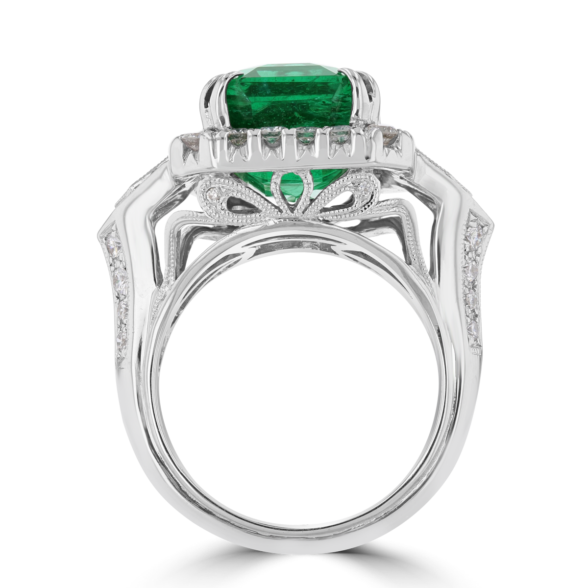 JULEVE 18KT WHITE GOLD 8.14CT EMERALD & 1.20CTW DIAMOND HALO RING