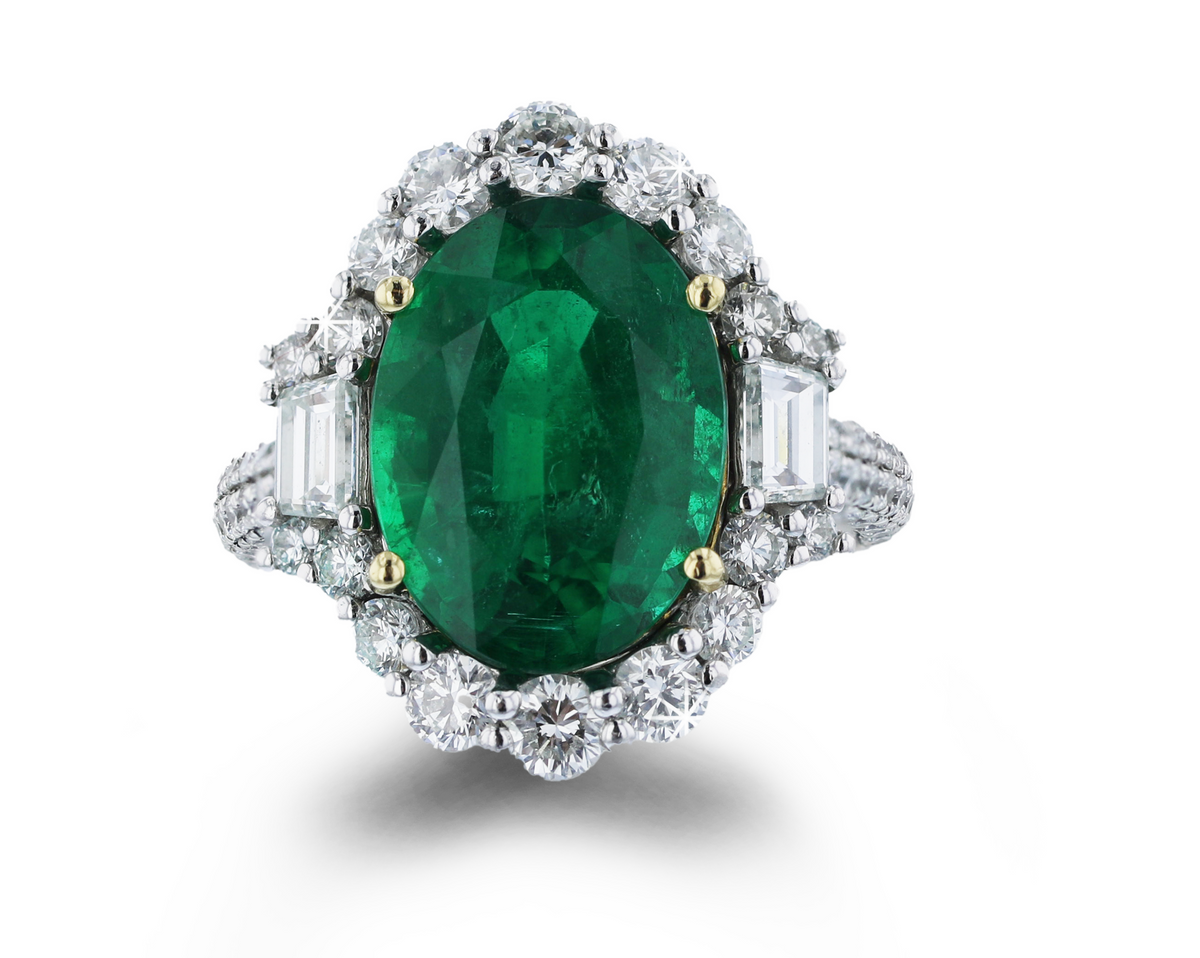 JULEVE PLATINUM 7.00CT EMERALD & 2.33CTW DIAMOND HALO RING 5.5,6,6.5,7