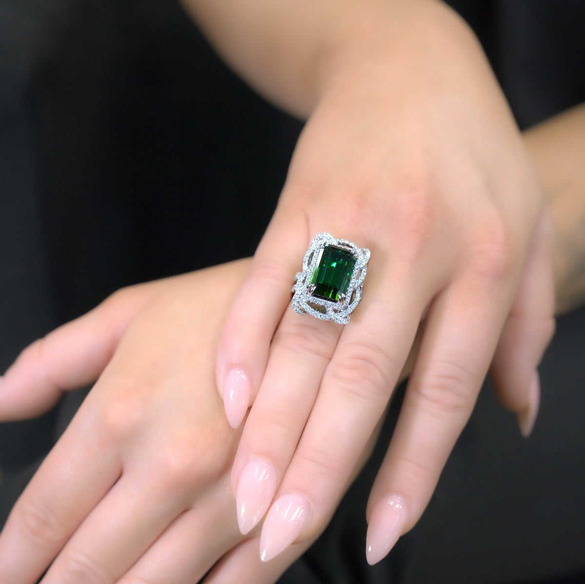 JULEVE 18KT WHITE GOLD 12.10 CT TOURMALINE & 1.70 CTW DIAMOND HALO RING 6,6.5,7