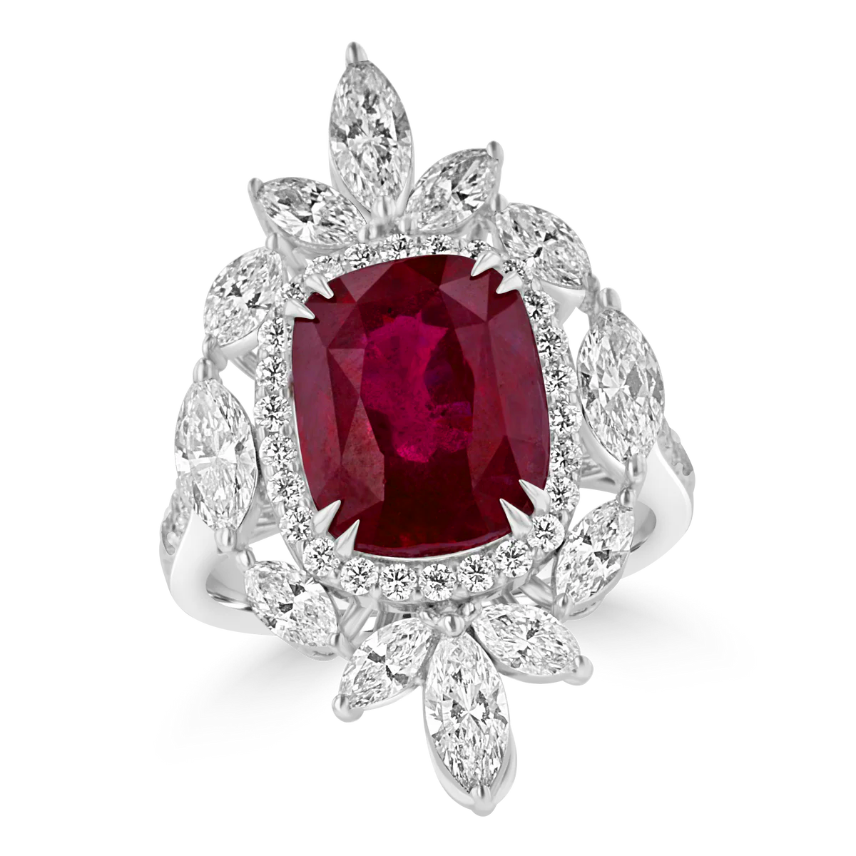 JULEVE 18KT WHITE GOLD 6.03 CT RUBY & 2.01 CTW DIAMOND HALO RING 5.5,6,6.5,7,7.5