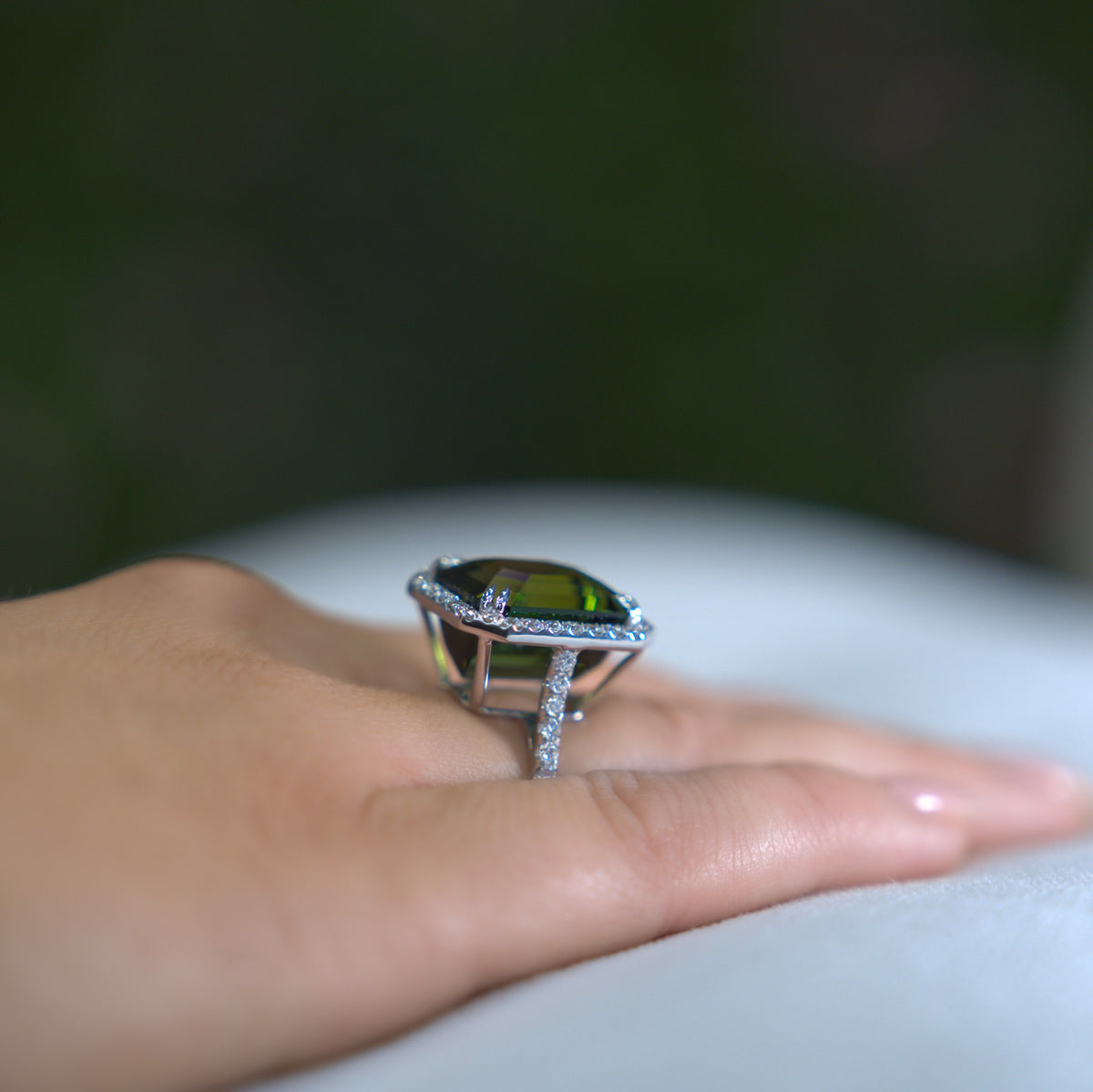 JULEVE 18KT WHITE GOLD 17.49 CT TOURMALINE & 1.18 CTW DIAMOND HALO RING 6,6.5,7