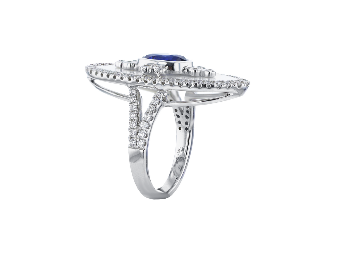 JULEVE 18KT WHITE GOLD 4.91CT SAPPHIRE & 0.90CT DIAMOND RING 5.5,6,6.5,7,7.5,8