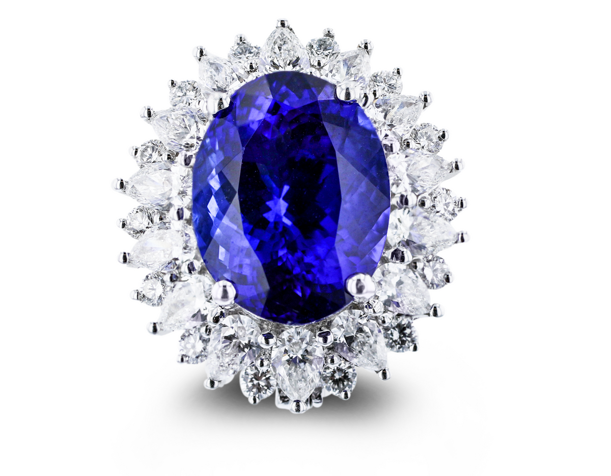 JULEVE 14KT WHITE GOLD 9.44CT TANZANITE & 2.88CTW DIAMOND HALO RING 4,4.5,5,5.5,6,6.5,7,7.5,8,8.5,9