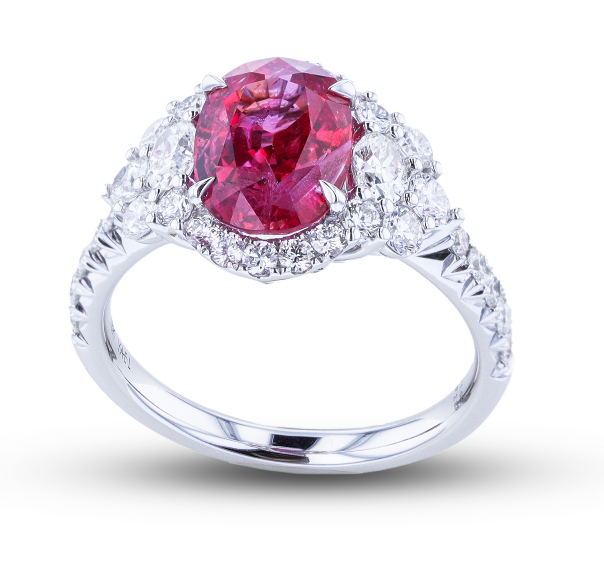 JULEVE 18KT WHITE GOLD 2.83CT PADPARADSCHA SAPPHIRE & 1.02CTW DIAMOND HALO RING 4,4.5,5,5.5,6,6.5,7,7.5,8,8.5,9