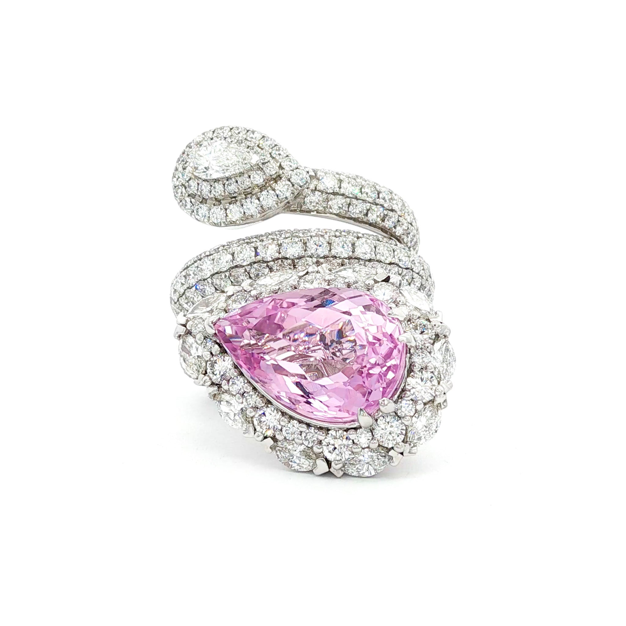 Juleve 18kt White Gold 6.24 ct Pear Kunzite & 3.56 ctw Diamond Pave Coil Halo Ring