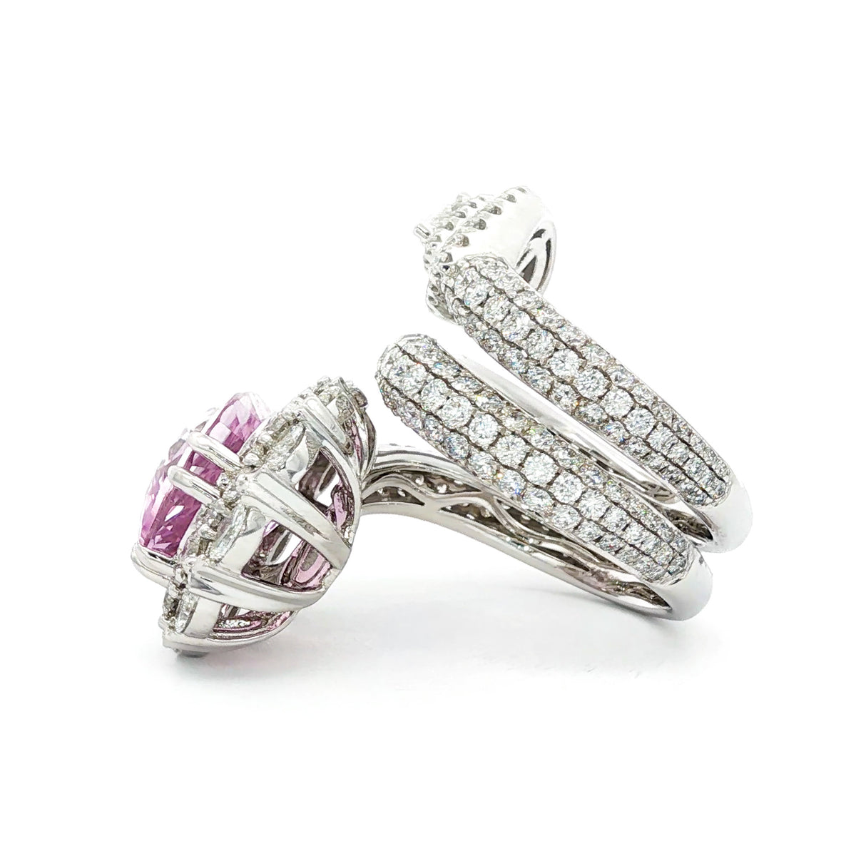 Juleve 18kt White Gold 6.24 ct Pear Kunzite & 3.56 ctw Diamond Pave Coil Halo Ring