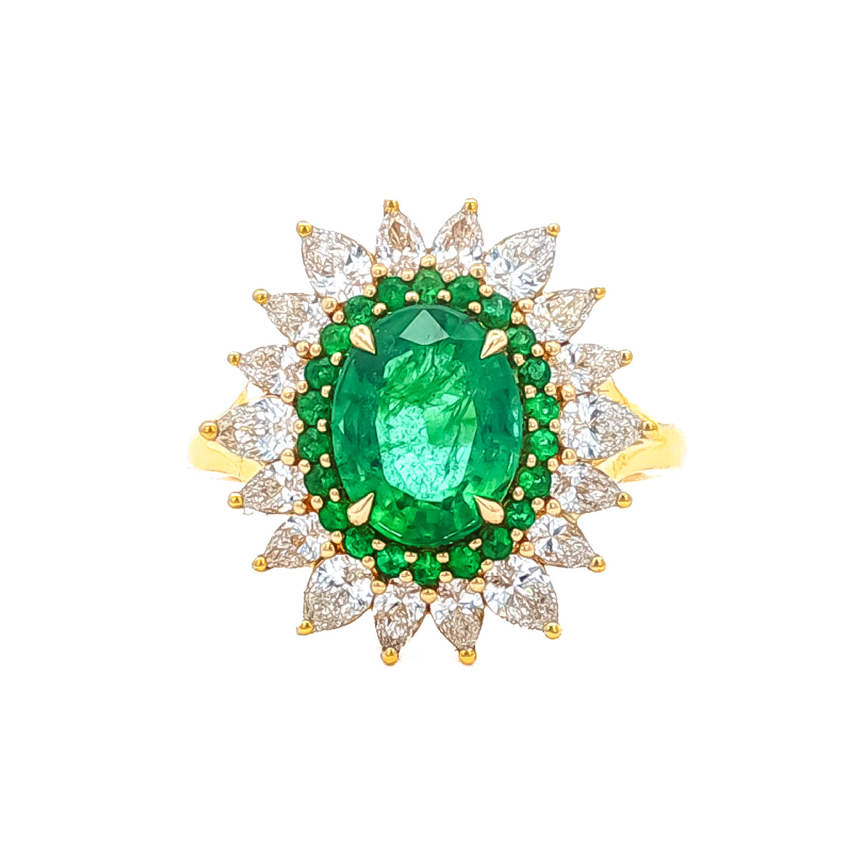 18kt Yellow Gold 2.04ct Oval/Round Emerald & 1.05ctw Pear Diamond Starburst Halo Ring