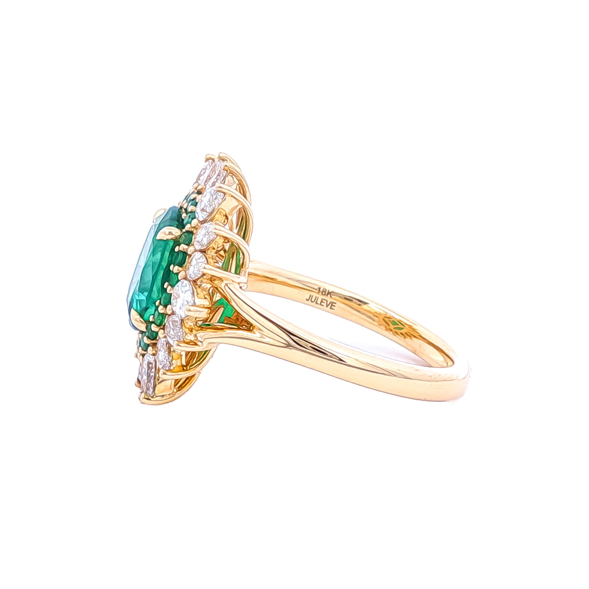 18kt Yellow Gold 2.04ct Oval/Round Emerald & 1.05ctw Pear Diamond Starburst Halo Ring