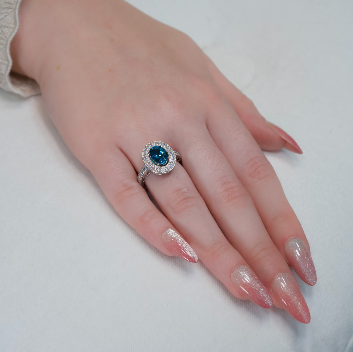 14kt White Gold & 4.00 ct Oval Blue Zircon with 1.00 ctw Diamond Halo Ring 6,6.5,7,7.5,8