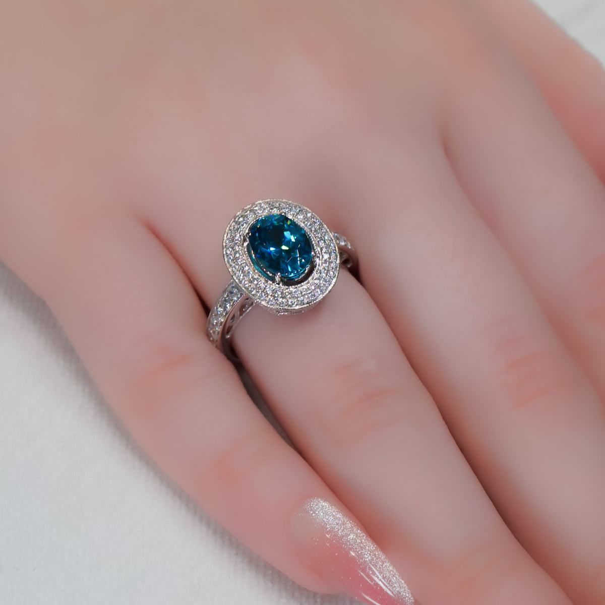 14kt White Gold & 4.00 ct Oval Blue Zircon with 1.00 ctw Diamond Halo Ring 6,6.5,7,7.5,8