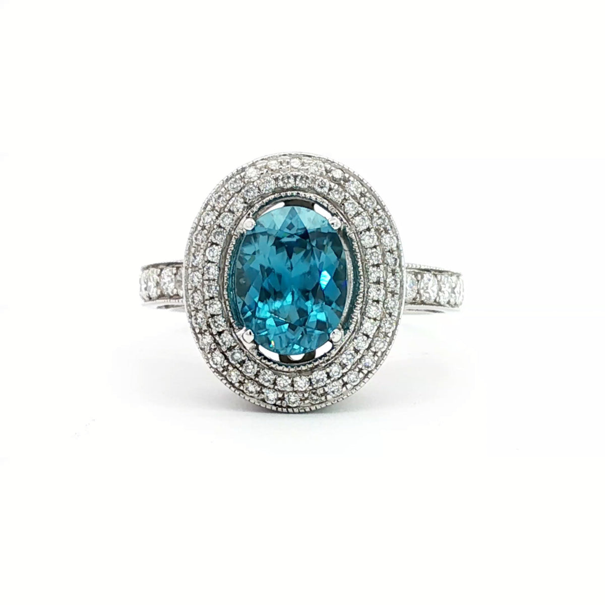 14kt White Gold & 4.00 ct Oval Blue Zircon with 1.00 ctw Diamond Halo Ring 6,6.5,7,7.5,8