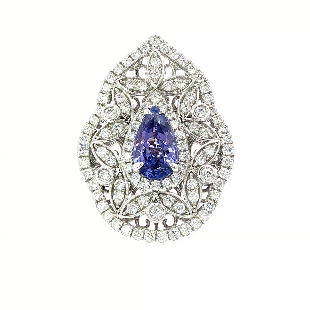 14kt White Gold 1.42 ct Pear Shape Tanzanite & Diamond Vintage Design Ring 5,5.5,6,6.5,7,7.5,8