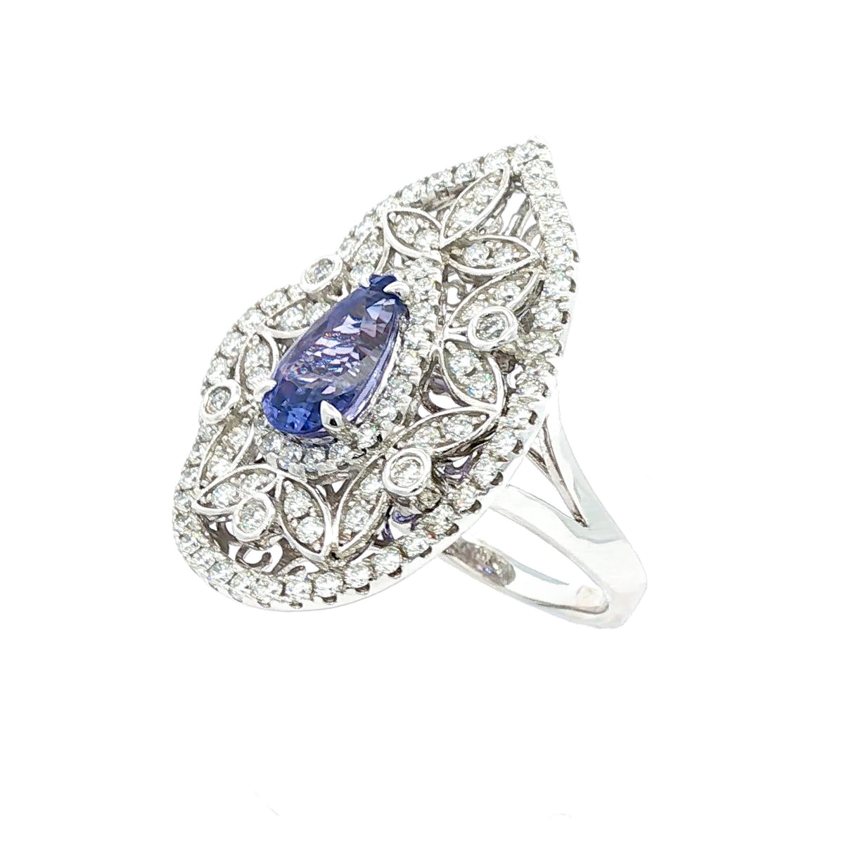 14kt White Gold 1.42 ct Pear Shape Tanzanite & Diamond Vintage Design Ring 5,5.5,6,6.5,7,7.5,8