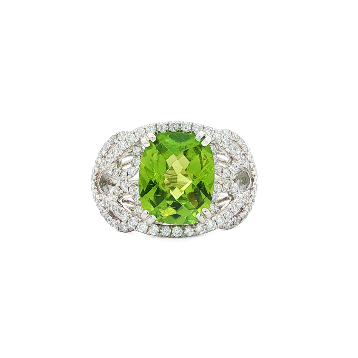 14kt White Gold 4.11 ctw Cushion-Cut Peridot & 0.83 ctw Diamond Split Shank Ring 5,5.5,6,6.5,7,7.5,8