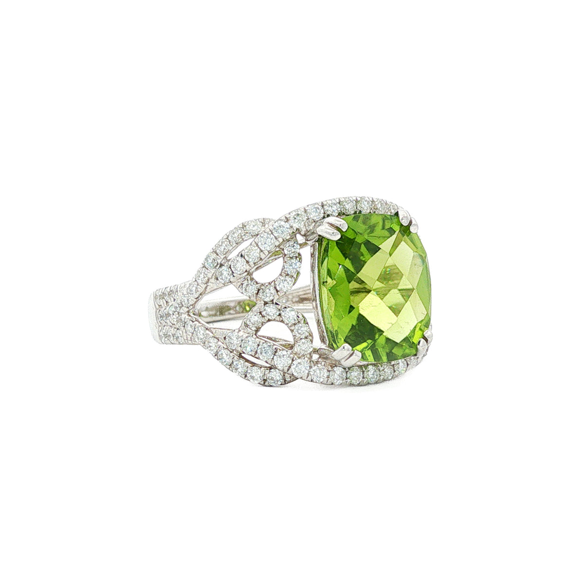 14kt White Gold 4.11 ctw Cushion-Cut Peridot & 0.83 ctw Diamond Split Shank Ring 5,5.5,6,6.5,7,7.5,8