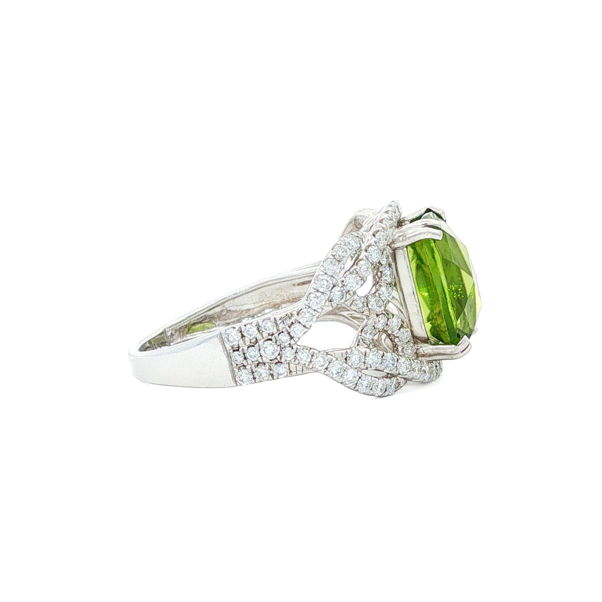 14kt White Gold 4.11 ctw Cushion-Cut Peridot & 0.83 ctw Diamond Split Shank Ring 5,5.5,6,6.5,7,7.5,8