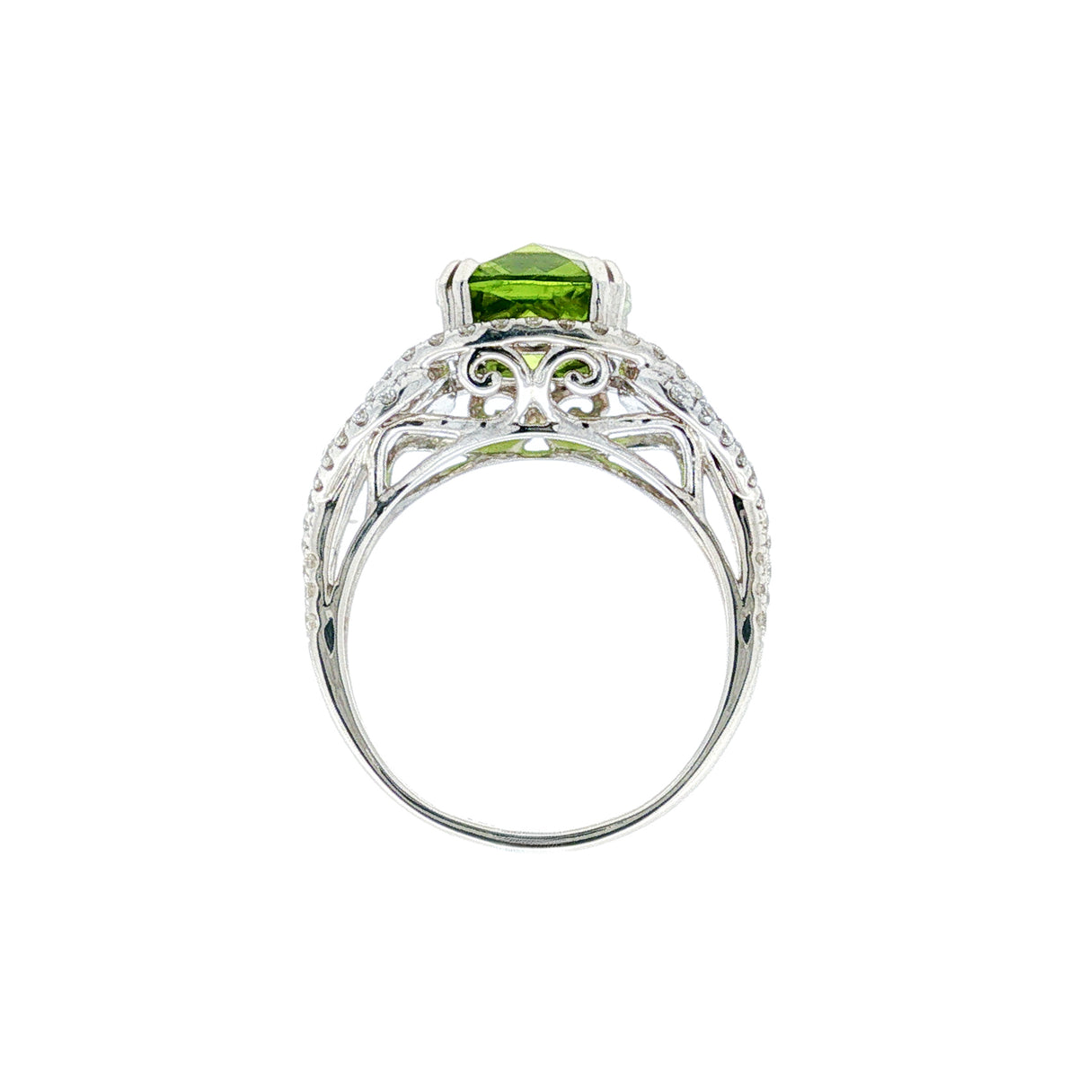 14kt White Gold 4.11 ctw Cushion-Cut Peridot & 0.83 ctw Diamond Split Shank Ring 5,5.5,6,6.5,7,7.5,8