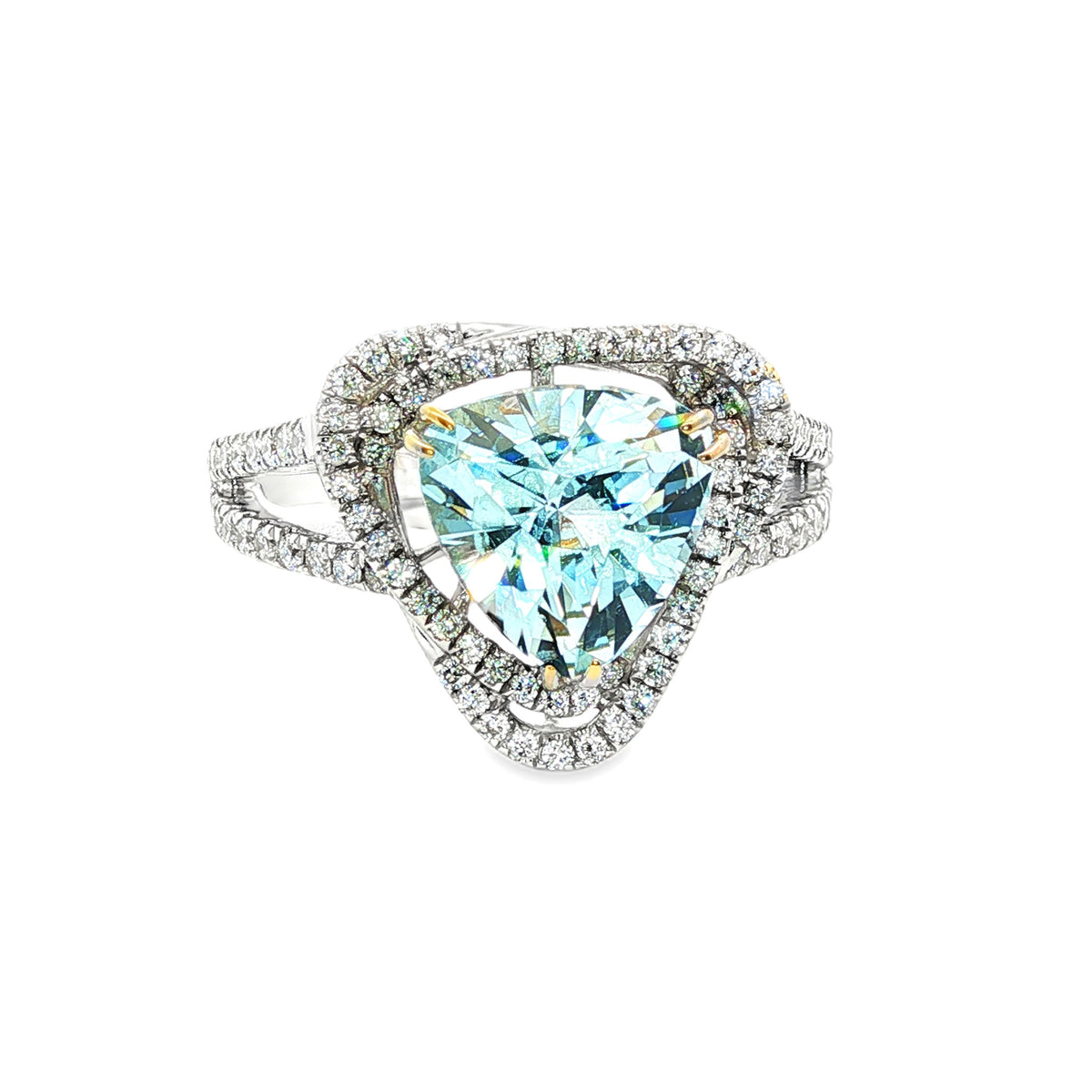 14kt White Gold 2.14 ct Trillion Aquamarine with Double Diamond Halo Ring 5,5.5,6,6.5,7,7.5,8,8.5,9