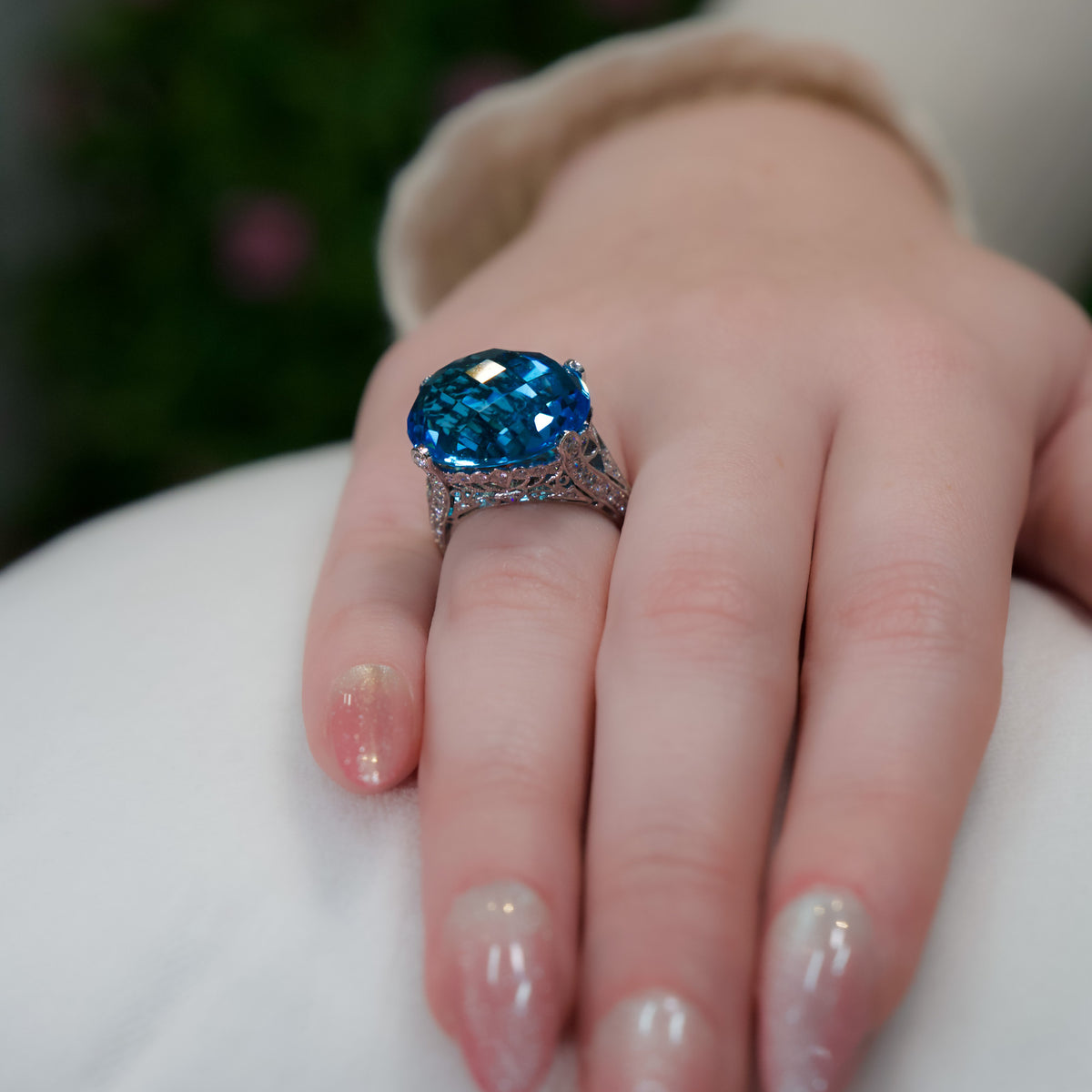 18kt White Gold 20.00 ct Oval Topaz & .78 ctw Pave Diamond East-West Filigree Ring 5,5.5,6,6.5,7,7.5,8