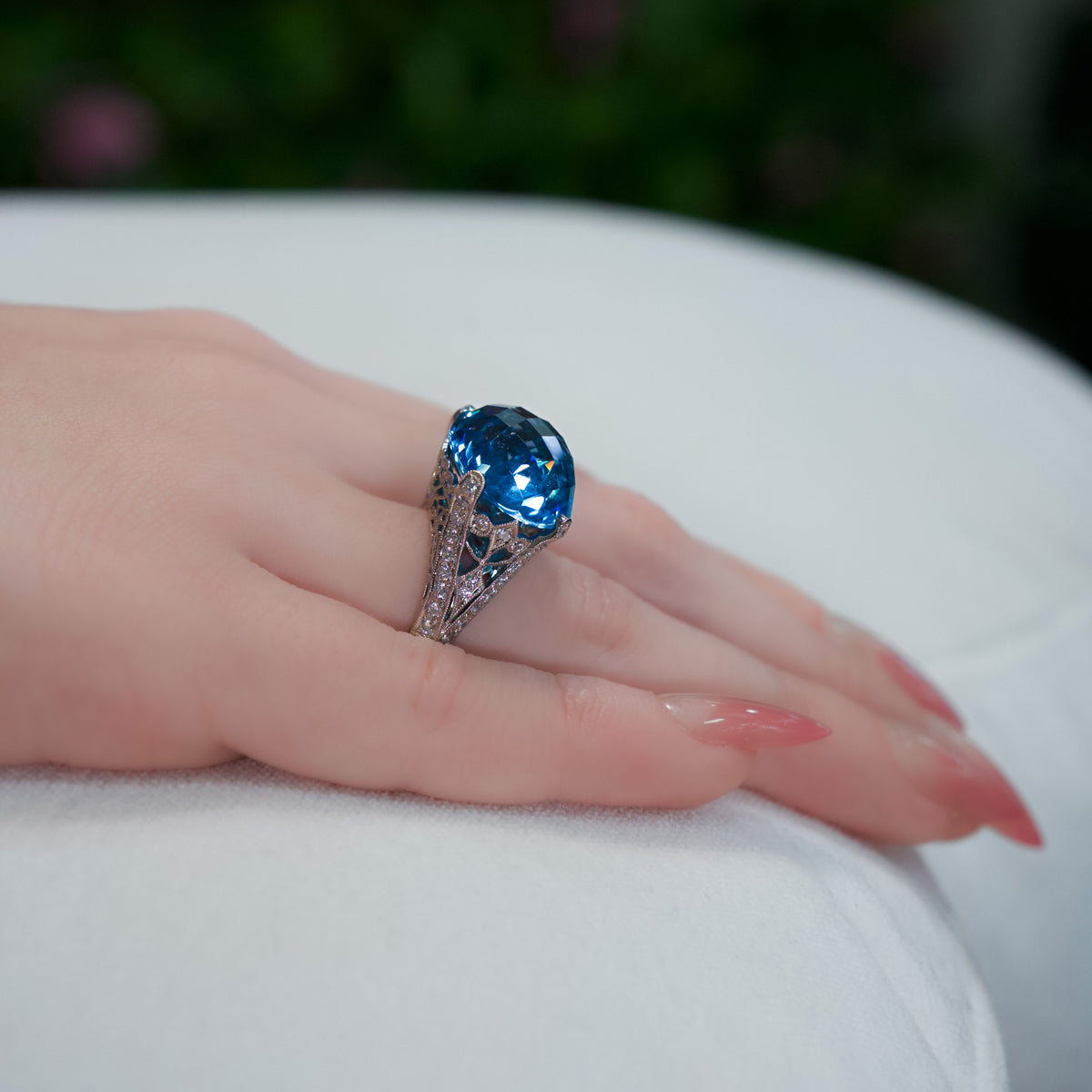 18kt White Gold 20.00 ct Oval Topaz & .78 ctw Pave Diamond East-West Filigree Ring 5,5.5,6,6.5,7,7.5,8