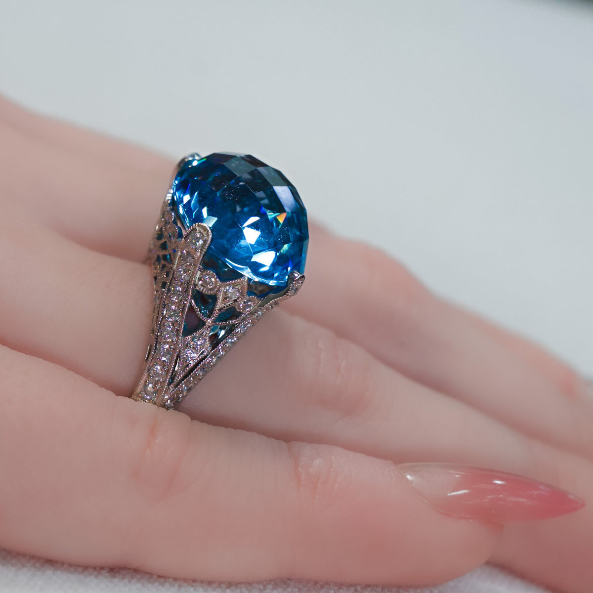 18kt White Gold 20.00 ct Oval Topaz & .78 ctw Pave Diamond East-West Filigree Ring 5,5.5,6,6.5,7,7.5,8