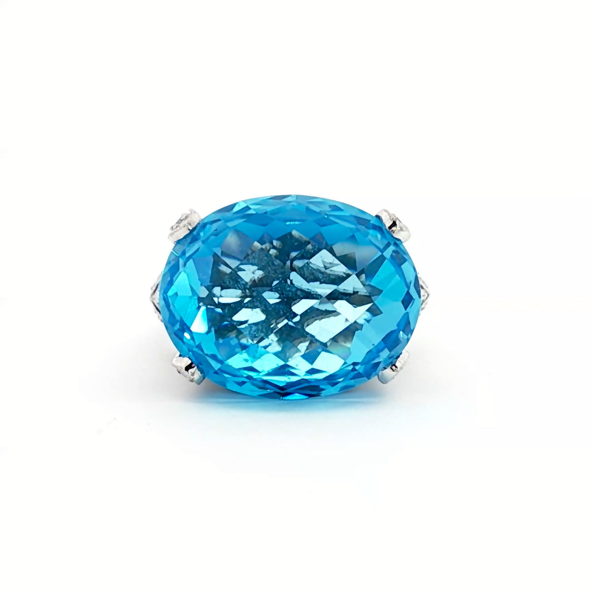 18kt White Gold 20.00 ct Oval Topaz & .78 ctw Pave Diamond East-West Filigree Ring 5,5.5,6,6.5,7,7.5,8