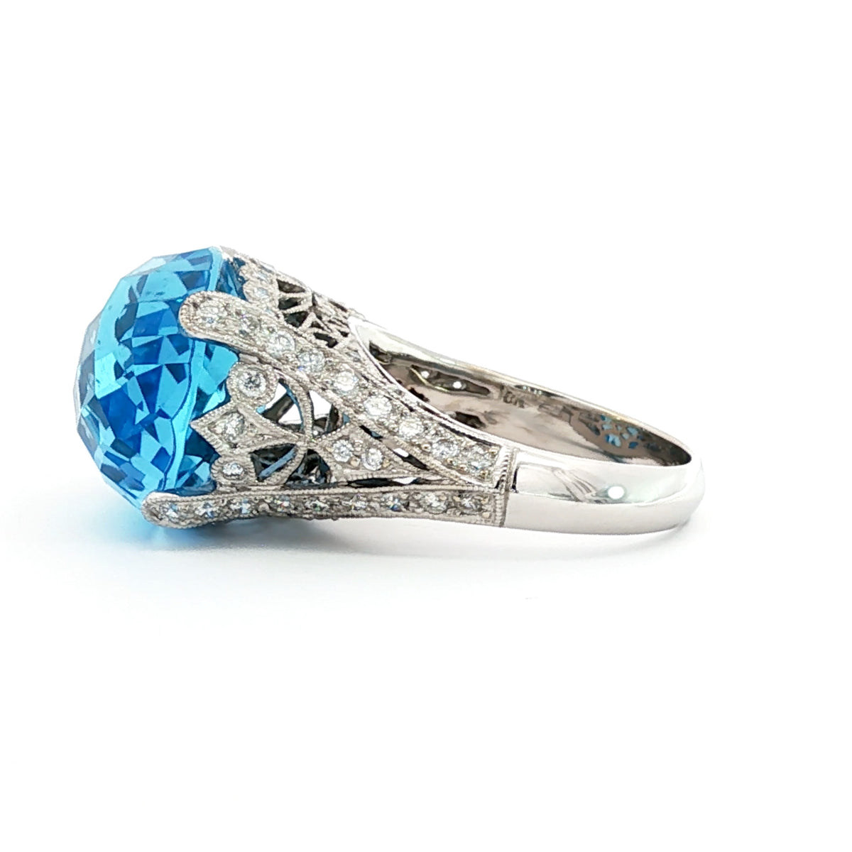 18kt White Gold 20.00 ct Oval Topaz & .78 ctw Pave Diamond East-West Filigree Ring 5,5.5,6,6.5,7,7.5,8