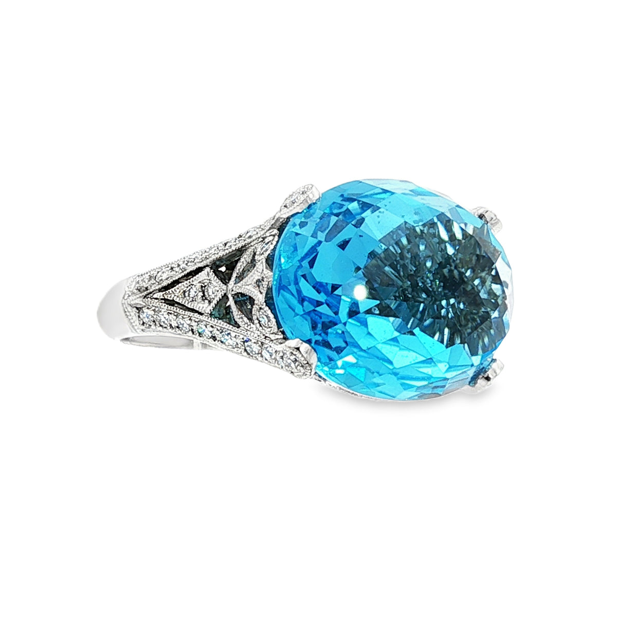 18kt White Gold 20.00 ct Oval Topaz & .78 ctw Pave Diamond East-West Filigree Ring 5,5.5,6,6.5,7,7.5,8