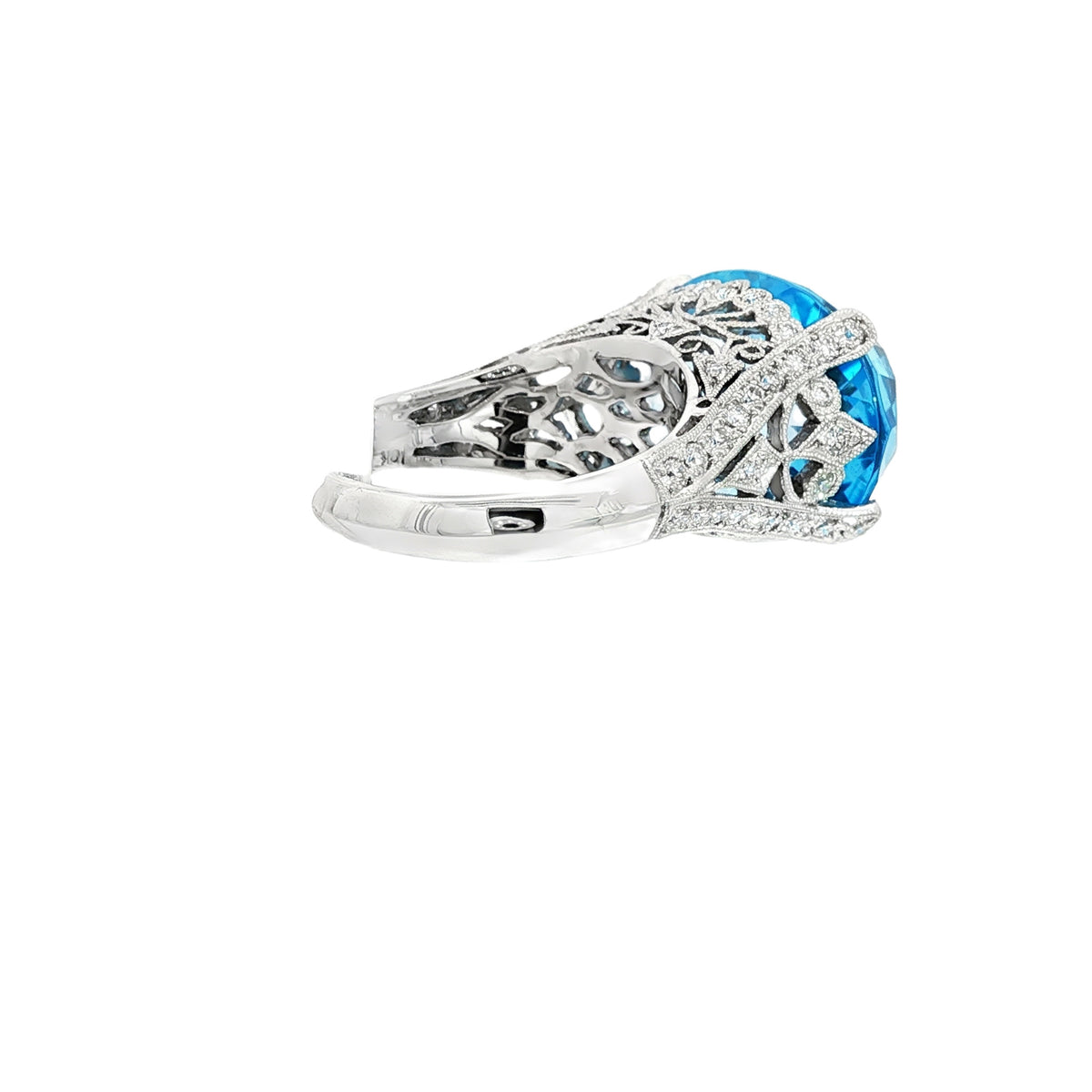 18kt White Gold 20.00 ct Oval Topaz & .78 ctw Pave Diamond East-West Filigree Ring 5,5.5,6,6.5,7,7.5,8