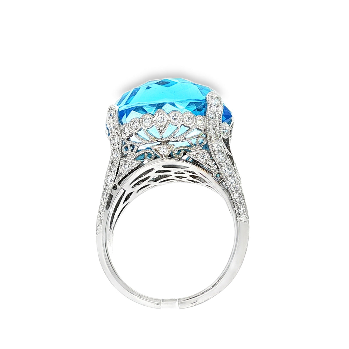 18kt White Gold 20.00 ct Oval Topaz & .78 ctw Pave Diamond East-West Filigree Ring 5,5.5,6,6.5,7,7.5,8