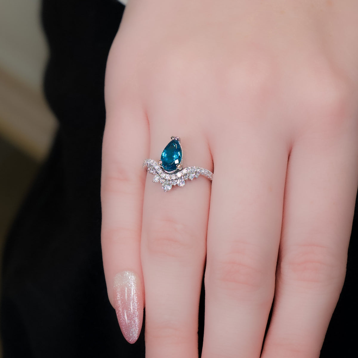 14kt White Gold & 1.09 ct Pear Shaped Tourmaline with .43 ctw Diamond Tiara Ring 5,5.5,6,6.5,7,7.5,8,8.5,9