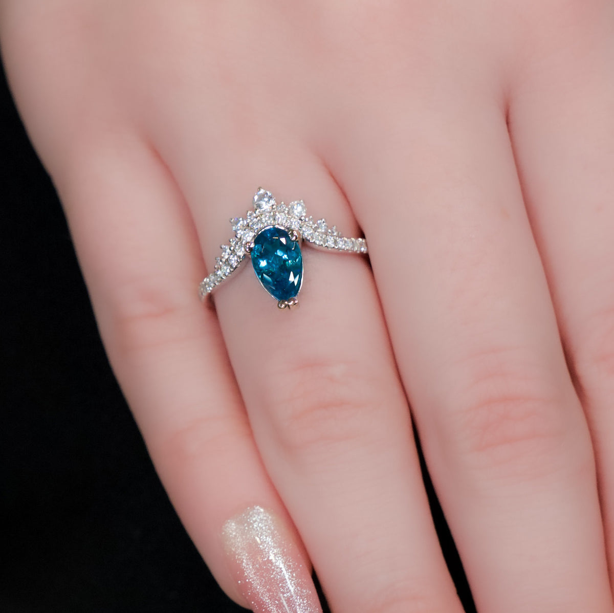 14kt White Gold & 1.09 ct Pear Shaped Tourmaline with .43 ctw Diamond Tiara Ring 5,5.5,6,6.5,7,7.5,8,8.5,9