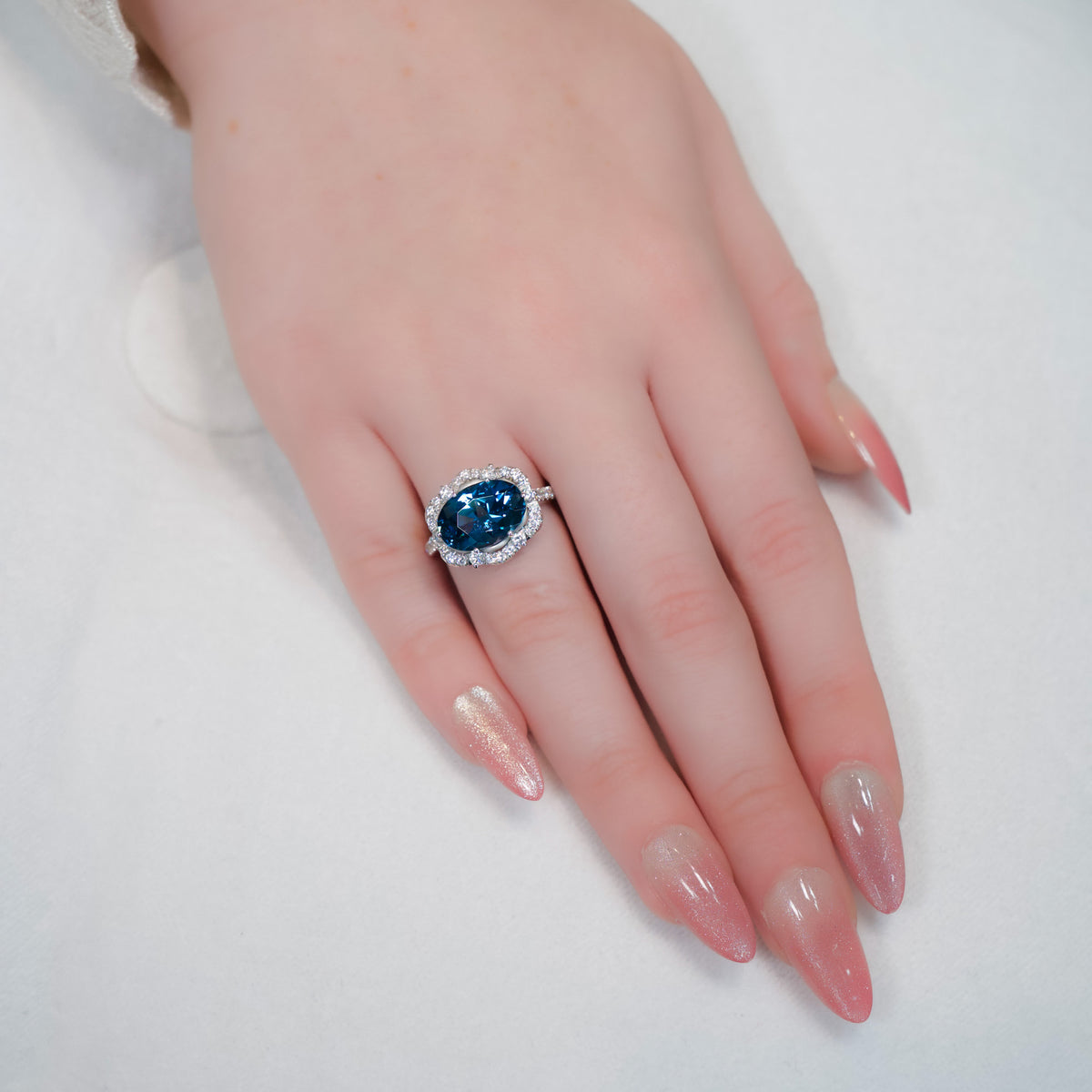 14kt White Gold & 5.08 ct Oval Blue Topaz with .63 ctw Diamond Scalloped Halo Ring 5,5.5,6,6.5,7,7.5,8,8.5