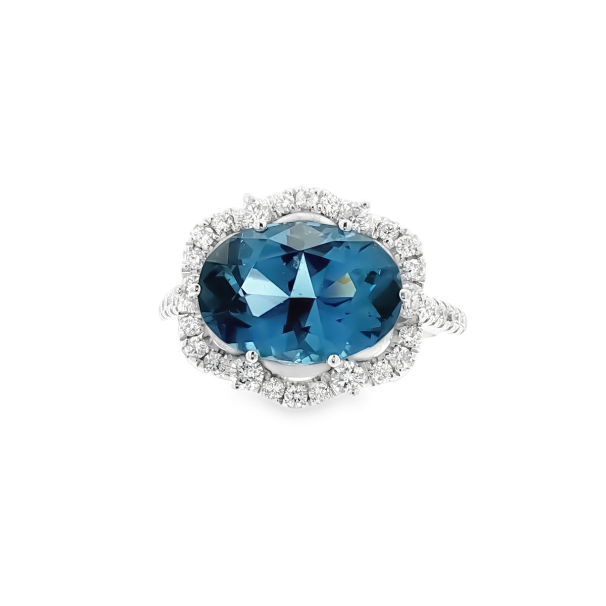 14kt White Gold & 5.08 ct Oval Blue Topaz with .63 ctw Diamond Scalloped Halo Ring 5,5.5,6,6.5,7,7.5,8,8.5