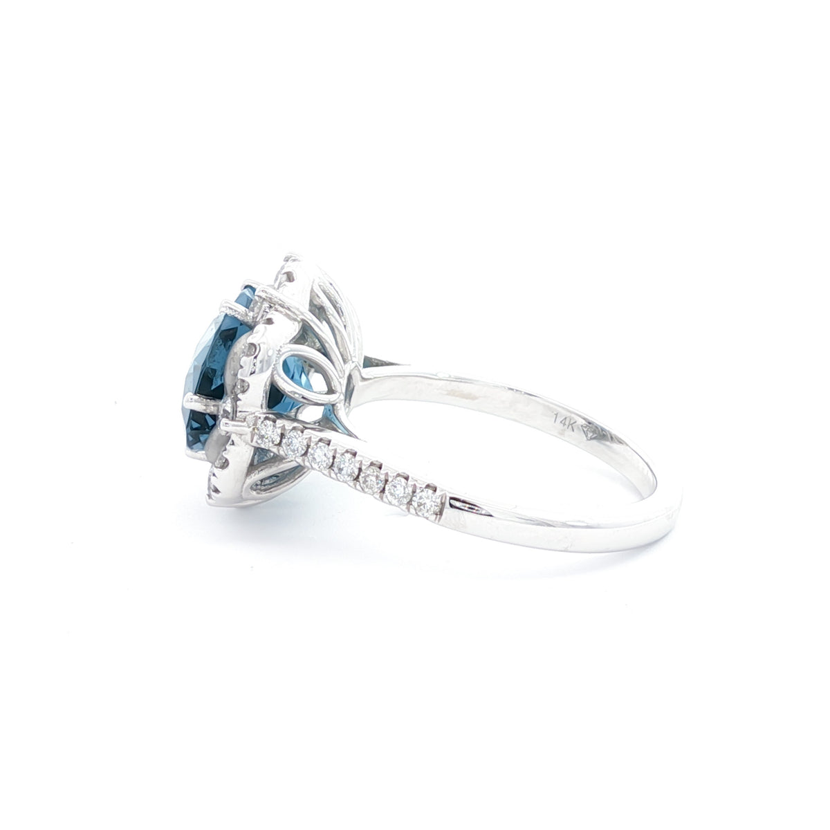 14kt White Gold & 5.08 ct Oval Blue Topaz with .63 ctw Diamond Scalloped Halo Ring 5,5.5,6,6.5,7,7.5,8,8.5