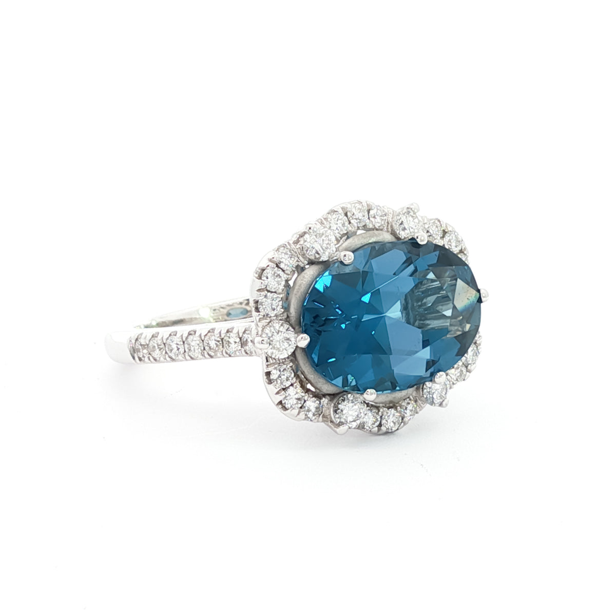 14kt White Gold & 5.08 ct Oval Blue Topaz with .63 ctw Diamond Scalloped Halo Ring 5,5.5,6,6.5,7,7.5,8,8.5