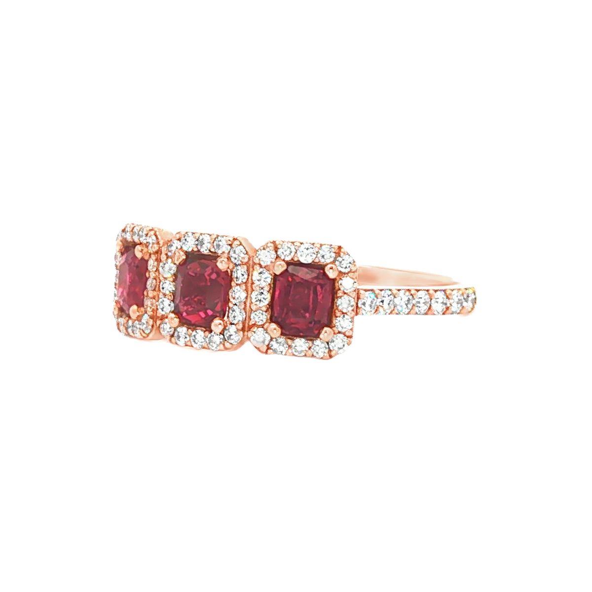 14kt Rose Gold 0.86 ctw Ruby & 0.46 ctw Diamond Three-Stone Halo Ring 5,5.5,6,6.5,7,7.5,8,8.5