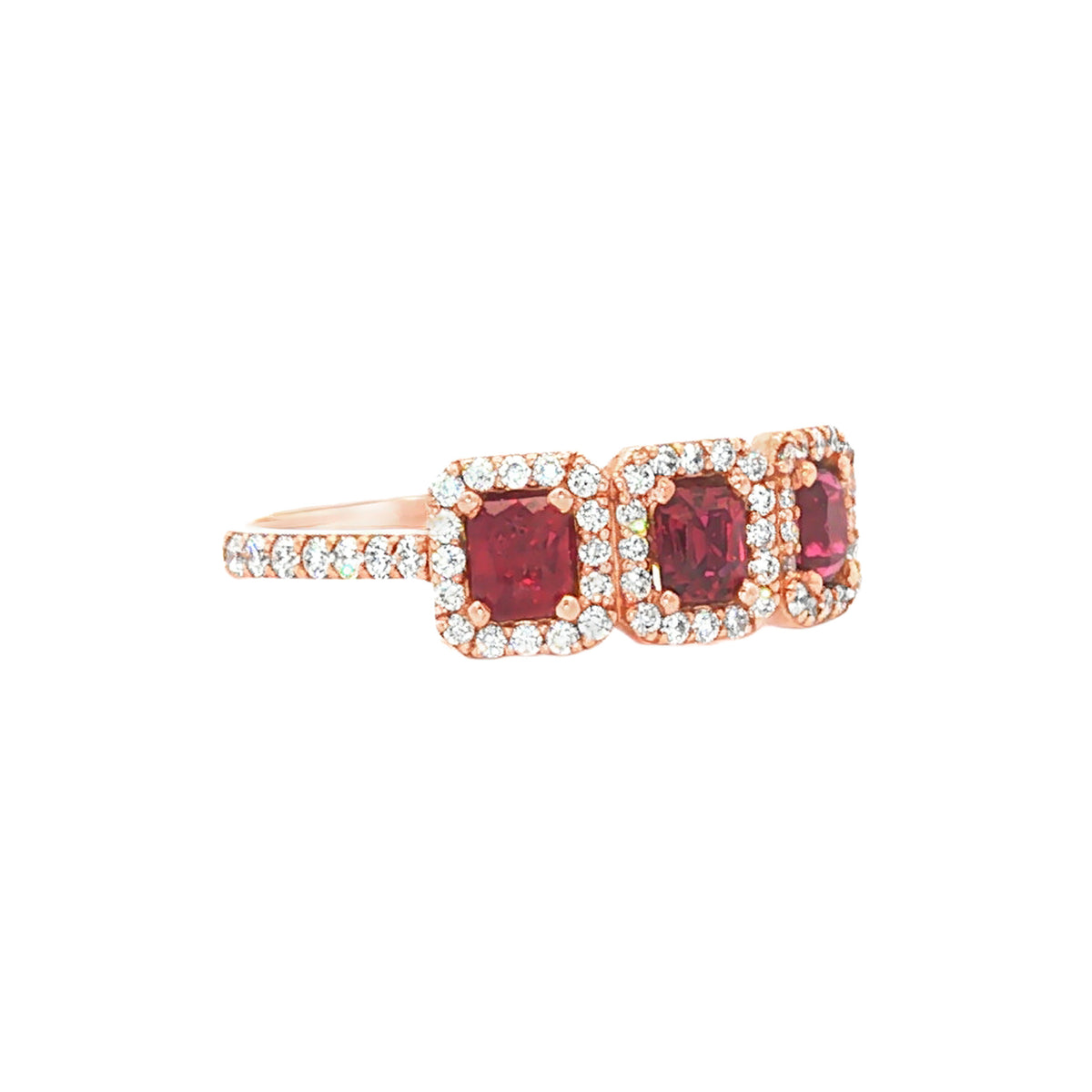 14kt Rose Gold 0.86 ctw Ruby & 0.46 ctw Diamond Three-Stone Halo Ring 5,5.5,6,6.5,7,7.5,8,8.5