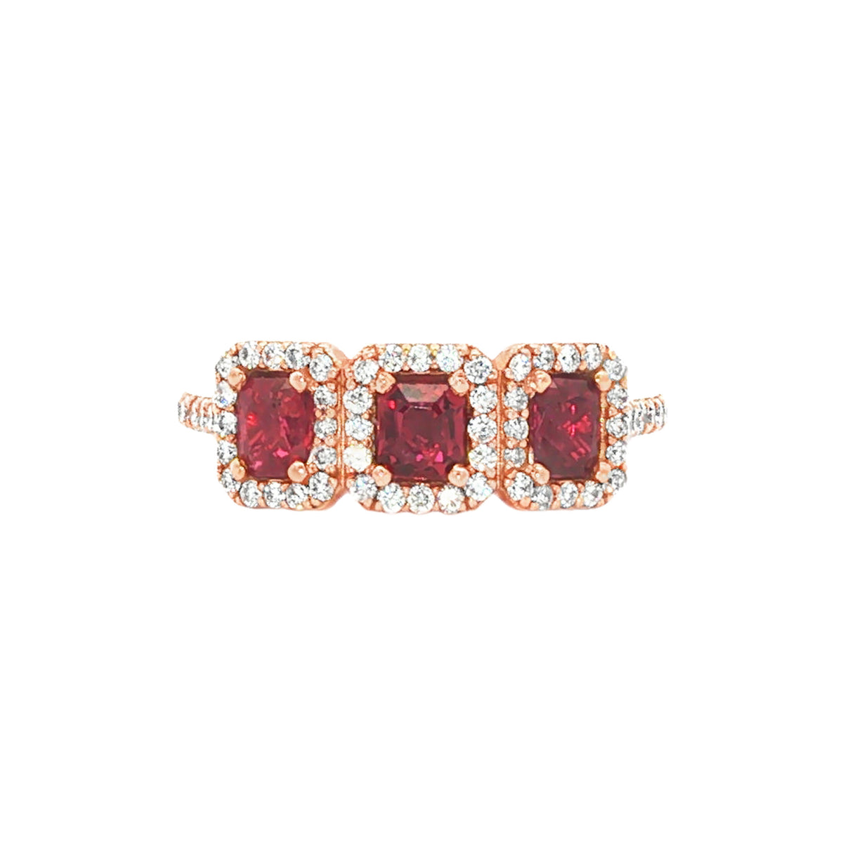 14kt Rose Gold 0.86 ctw Ruby & 0.46 ctw Diamond Three-Stone Halo Ring 5,5.5,6,6.5,7,7.5,8,8.5