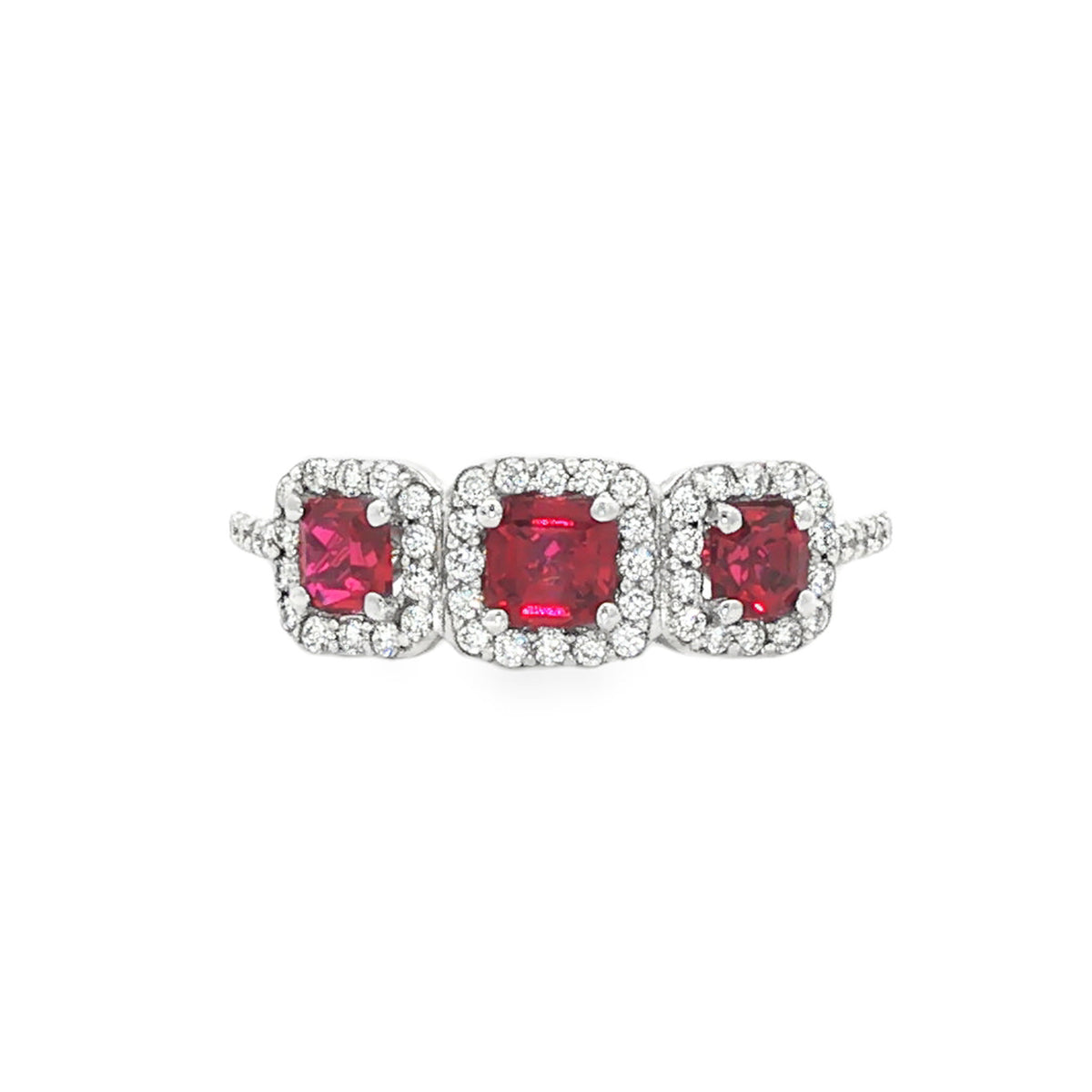 14kt White Gold 0.80 ctw Ruby & 0.38 ctw Diamond Three-Stone Halo Ring 6.5,5,5.5,6,7,7.5,8,8.5